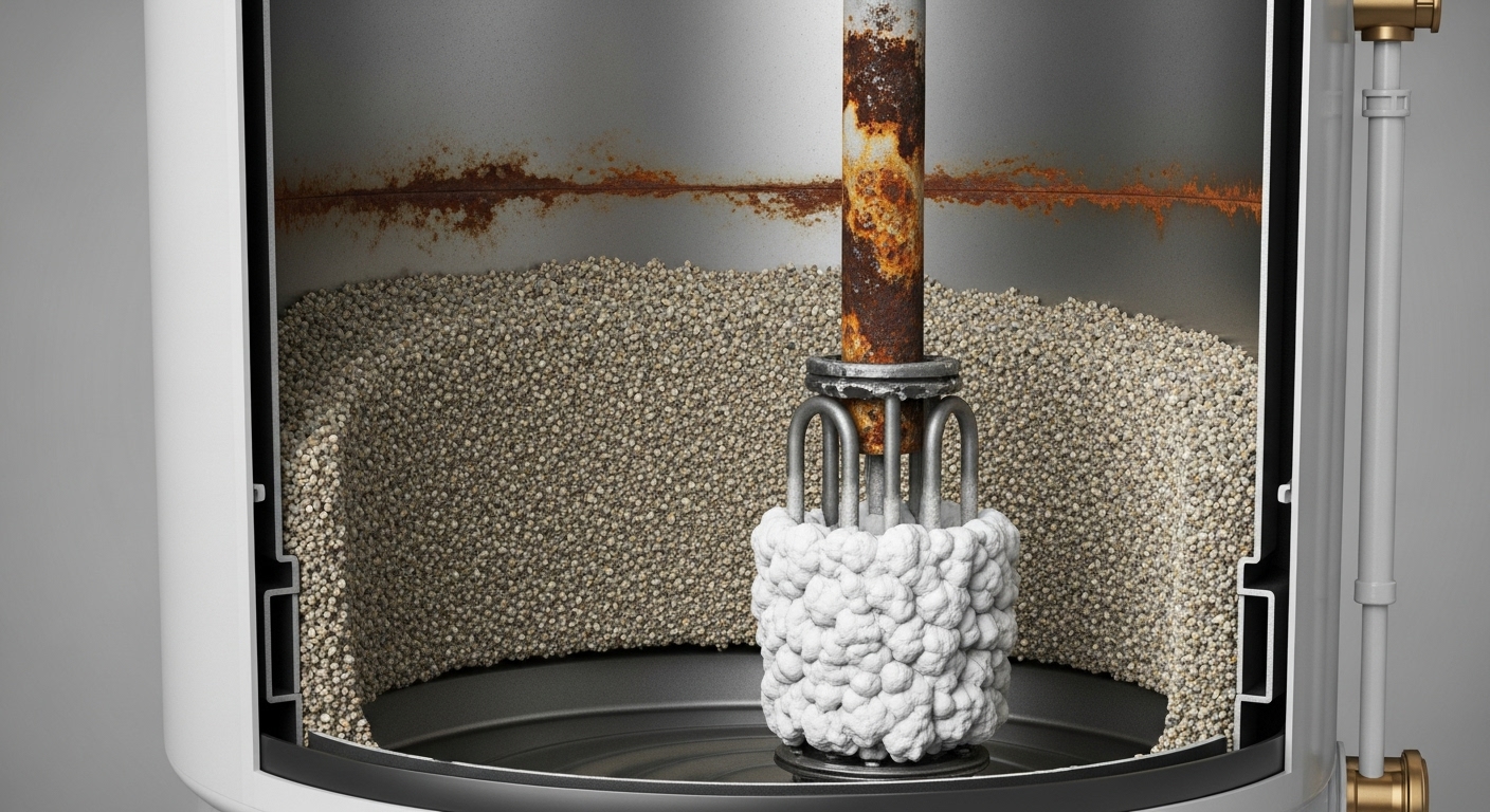 Cutaway diagram of a water heater tank showing sediment and scale damage from hard water