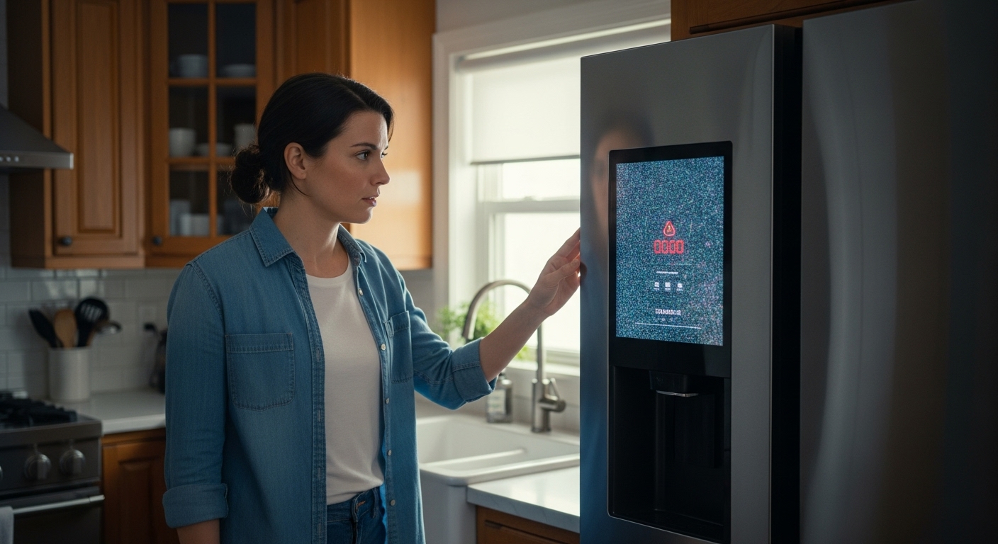 Frustrated Maple Ridge homeowner looking at a failing smart refrigerator.