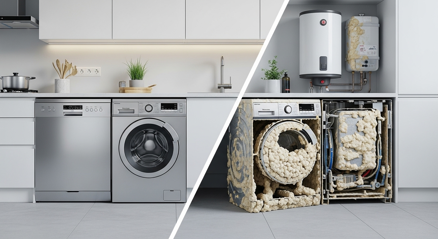 Cutaway view of kitchen appliances showing hard water mineral buildup