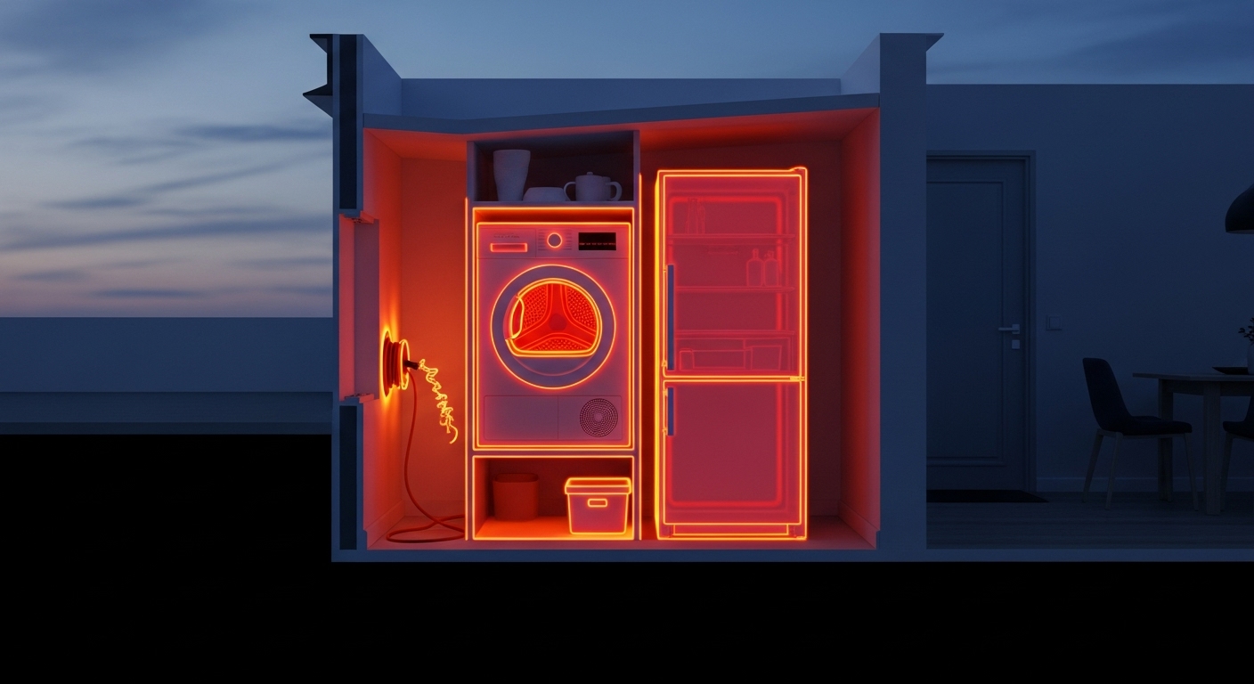 A frayed electrical cord behind an appliance, illustrating a hidden fire danger.