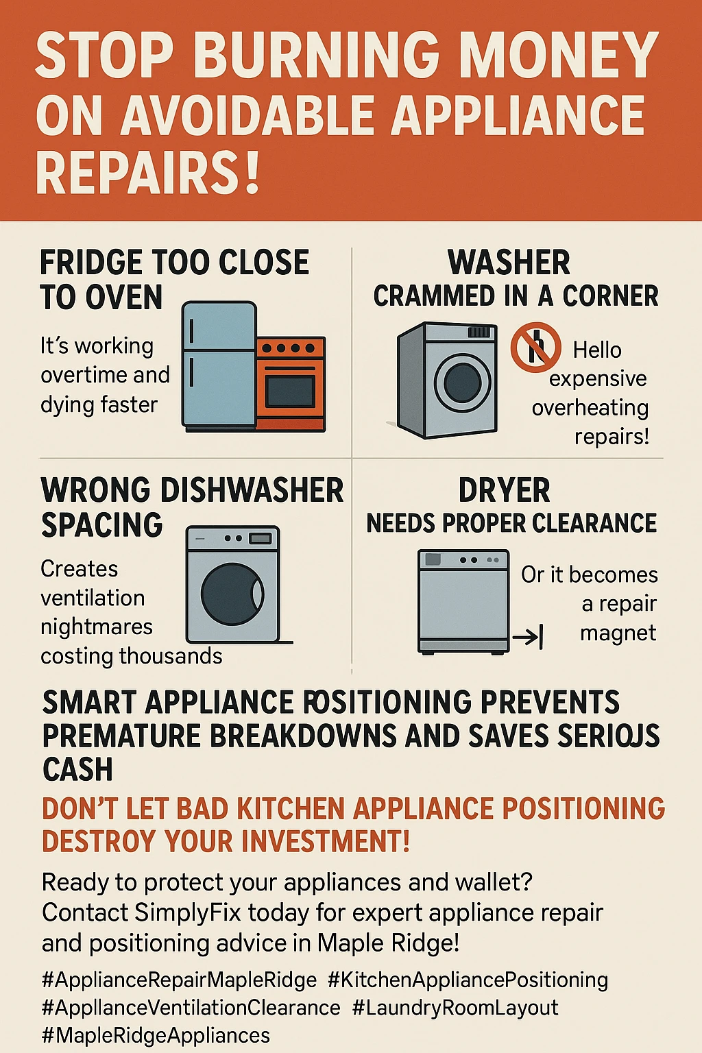 Infographic detailing key takeaways on appliance placement mistakes in Maple Ridge.