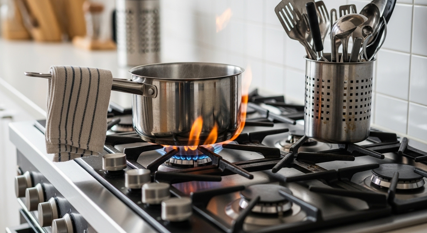 A clean kitchen stove with a pot on it, symbolizing kitchen fire prevention.