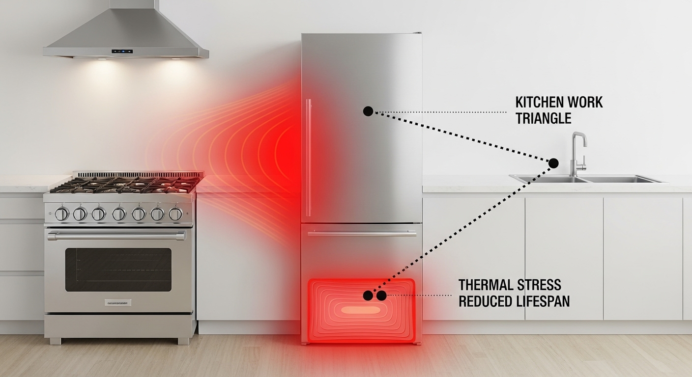 Diagram showing a kitchen layout with red arrows indicating thermal stress between a refrigerator placed too close to a stove.