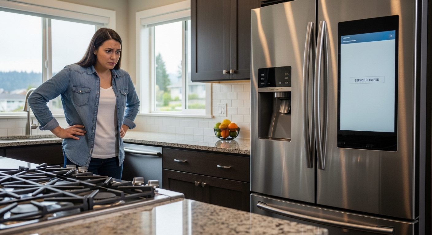 A collage showing a refrigerator, dishwasher, and dryer with red X marks, indicating premature appliance failure in a Maple Ridge home.