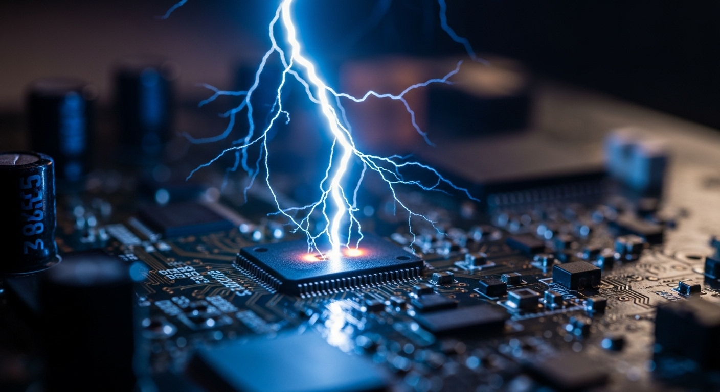 Close-up of a damaged appliance circuit board, illustrating power surge damage.