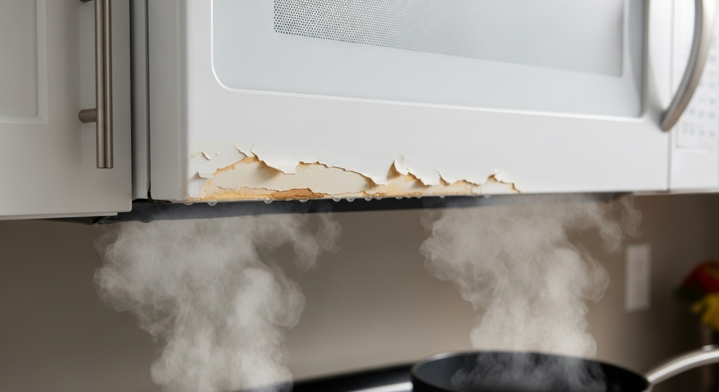 Close-up photo of a kitchen cabinet above a microwave, showing delamination and damage from steam.