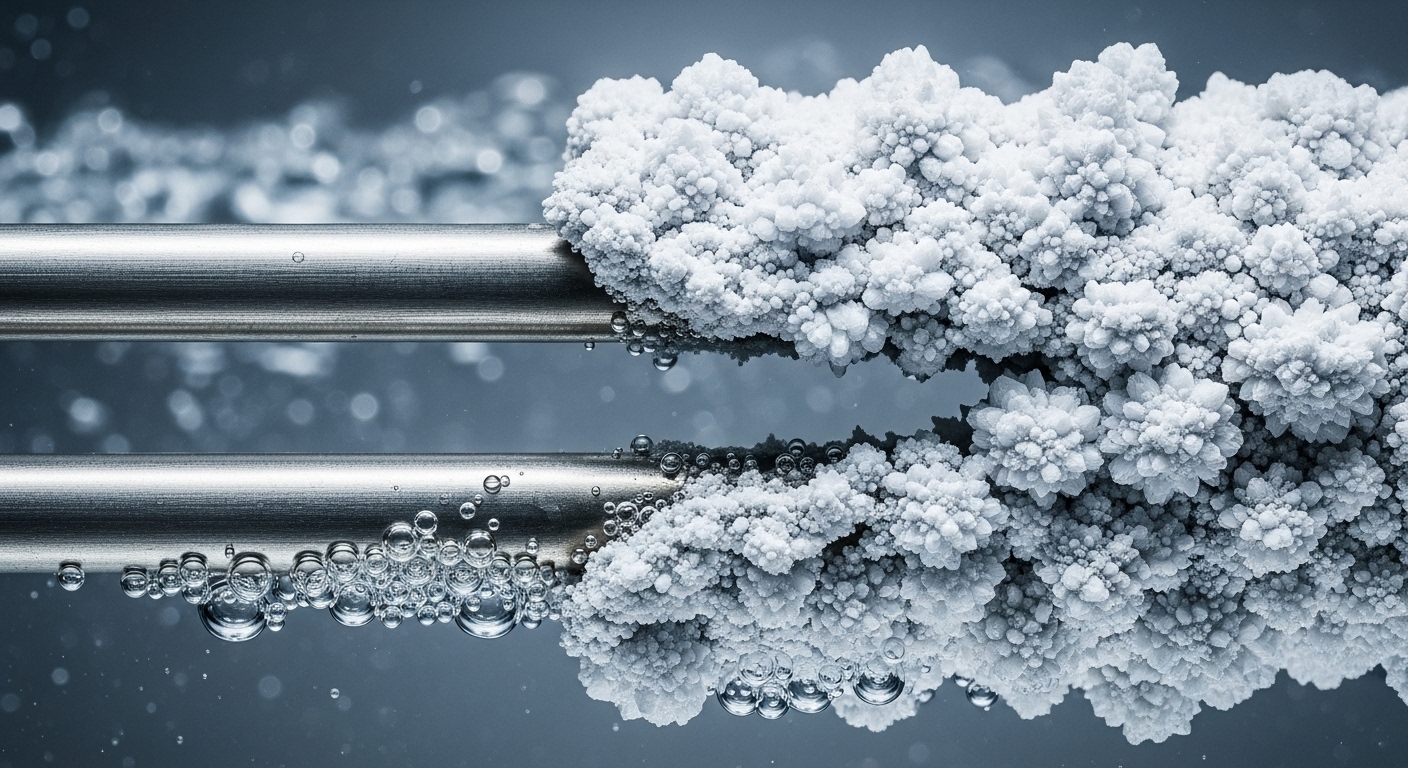 Close-up of a water heater element covered in thick limescale buildup