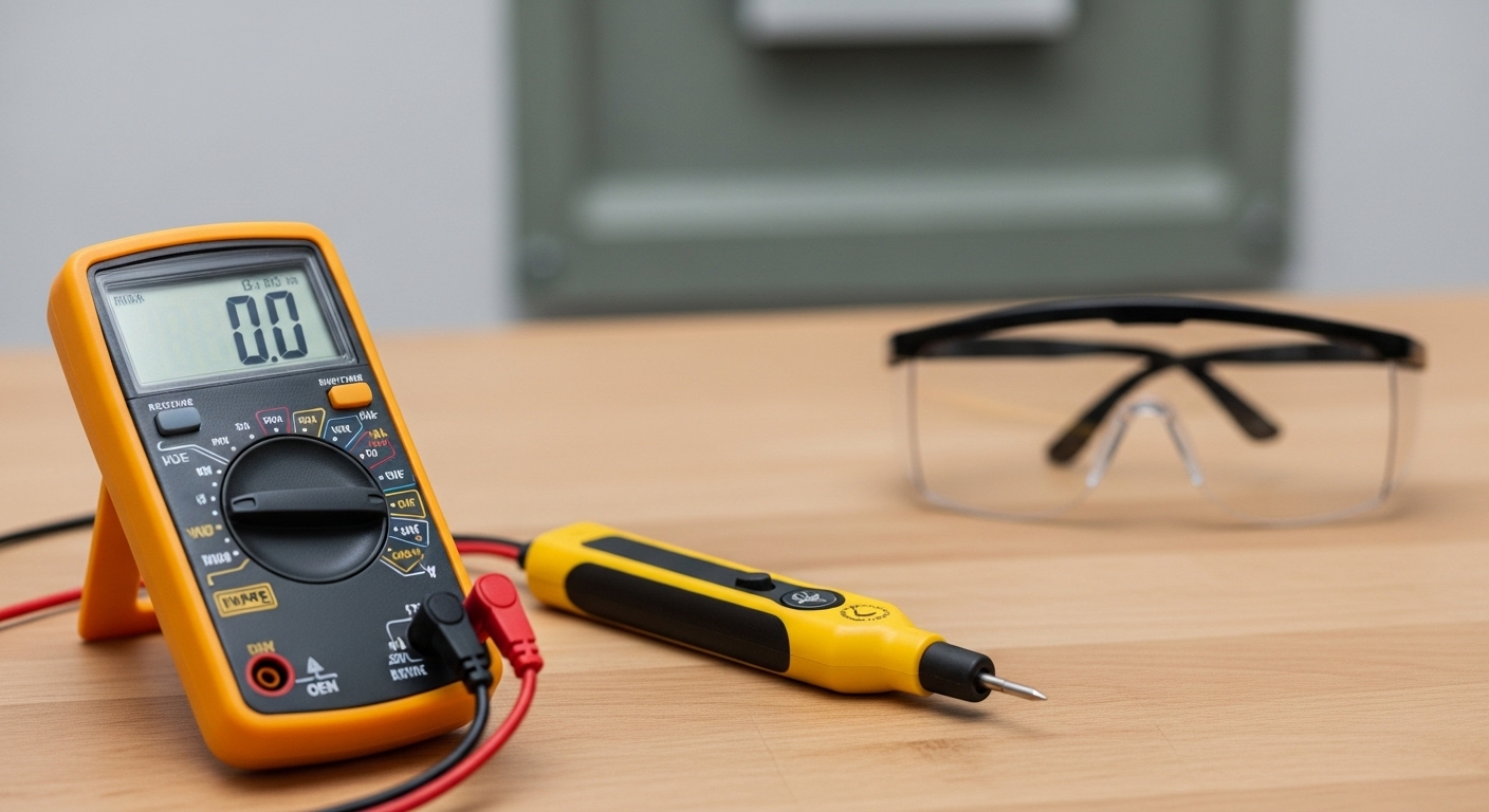 Essential tools for safely testing electrical circuits, including a multimeter and non-contact voltage tester.