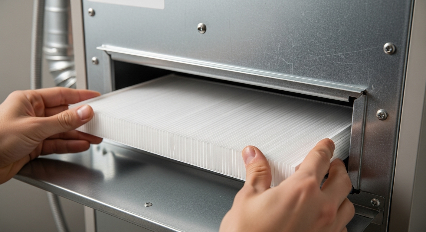 Technician checking a furnace filter for winter maintenance