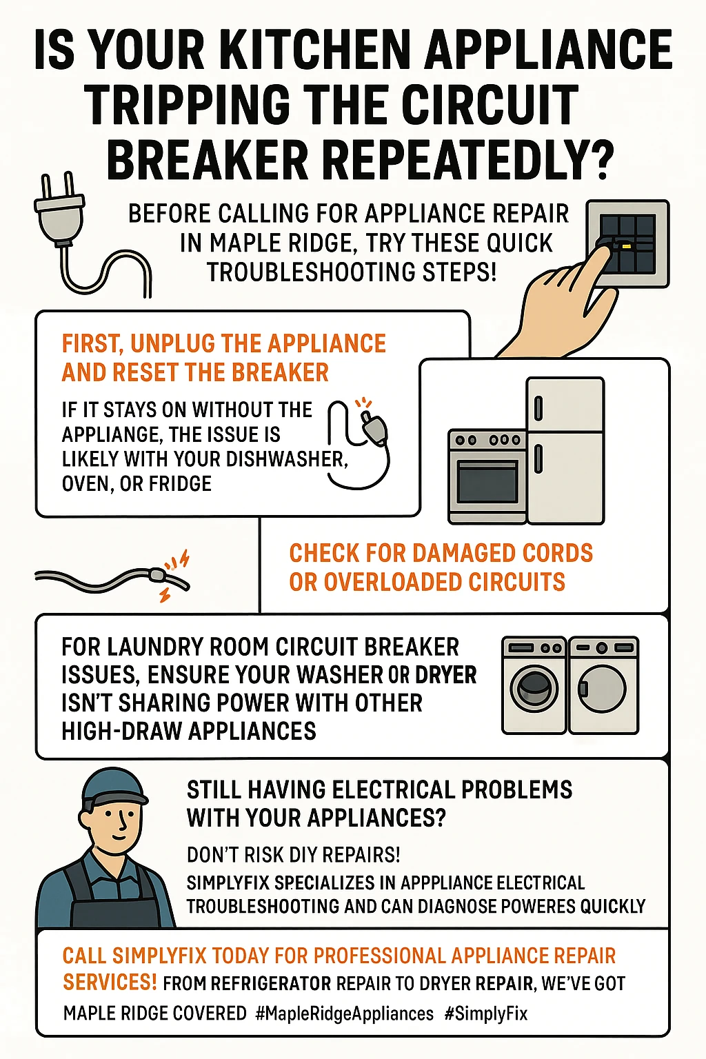 Infographic summarizing key takeaways for appliance circuit breaker problems in Maple Ridge.