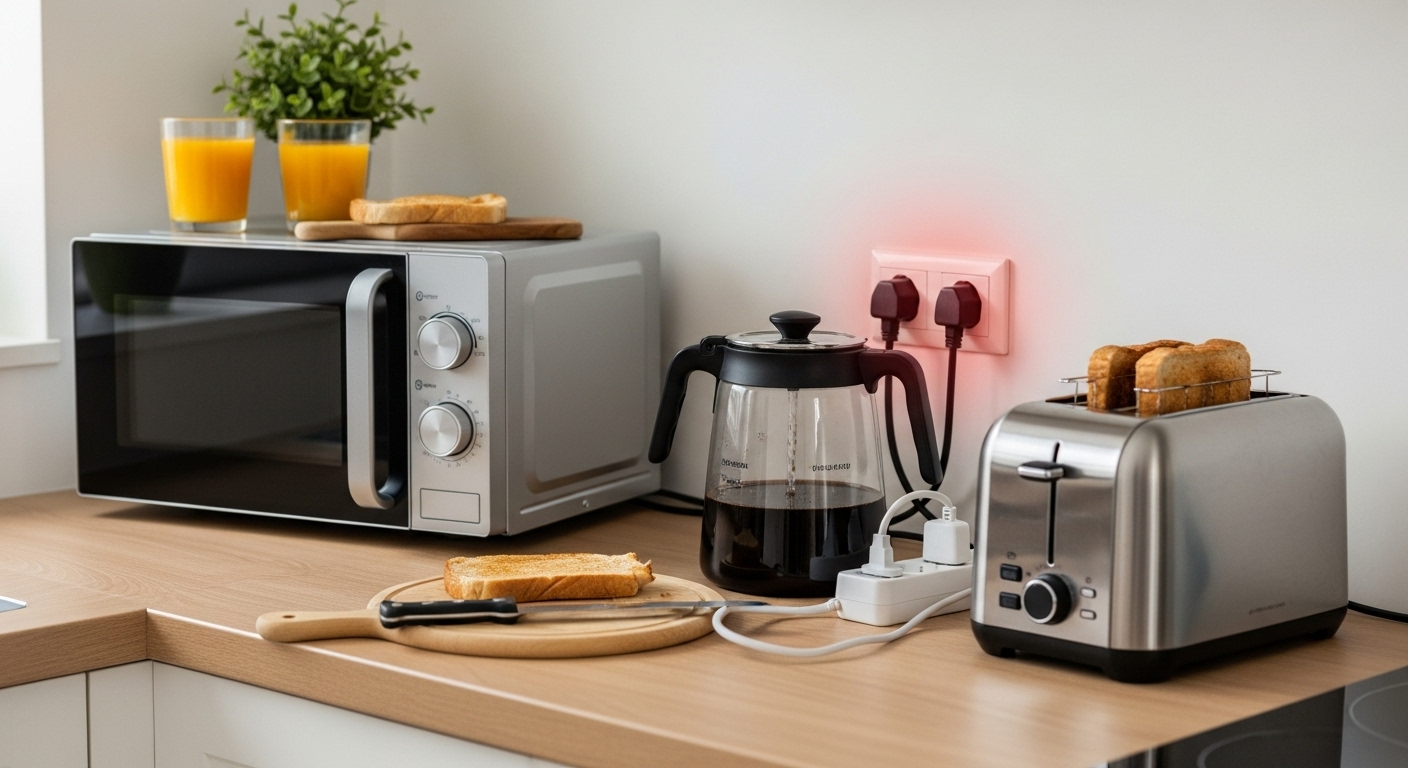 A kitchen counter with multiple appliances plugged in, illustrating a potential circuit overload.