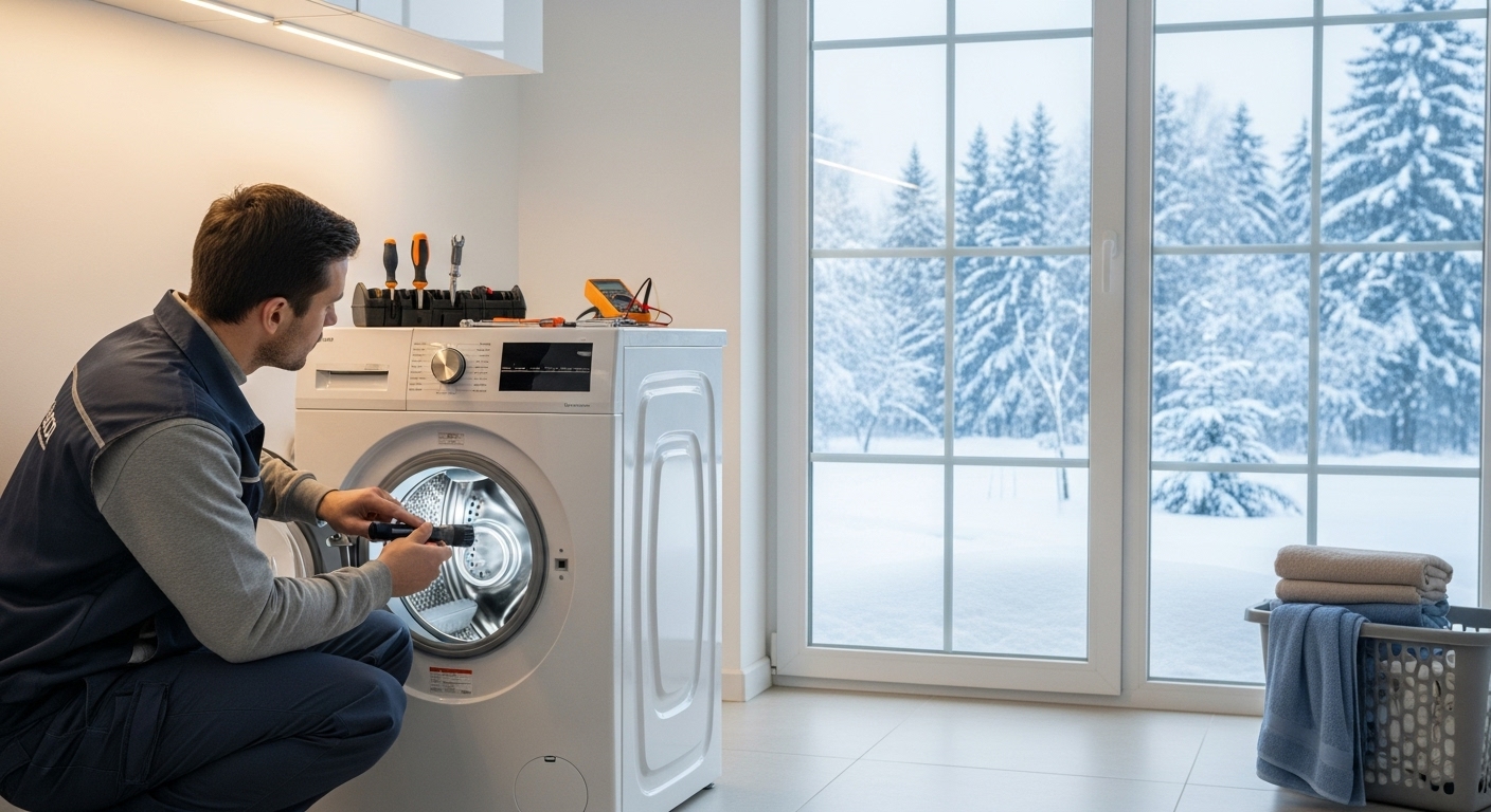 Service technician performing winter maintenance on home appliances
