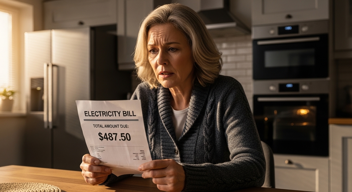 Stressed homeowner looking at high electricity bill in kitchen