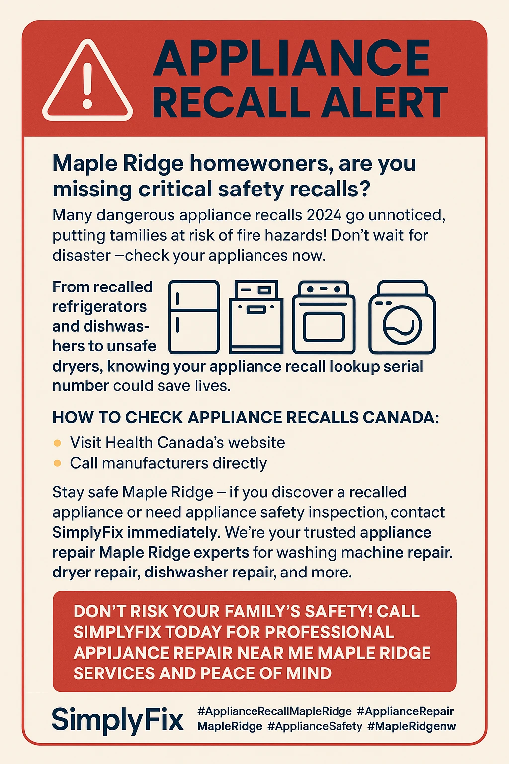 Appliance recall Maple Ridge safety takeaways infographic