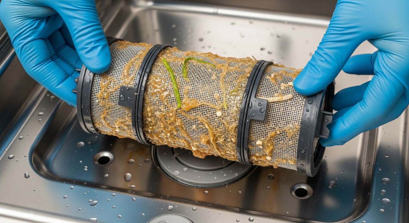 Technician cleaning dirty dishwasher filter