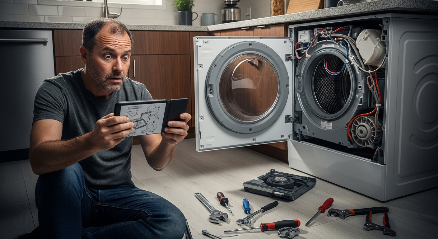 Frustrated homeowner attempting DIY washing machine repair in Maple Ridge