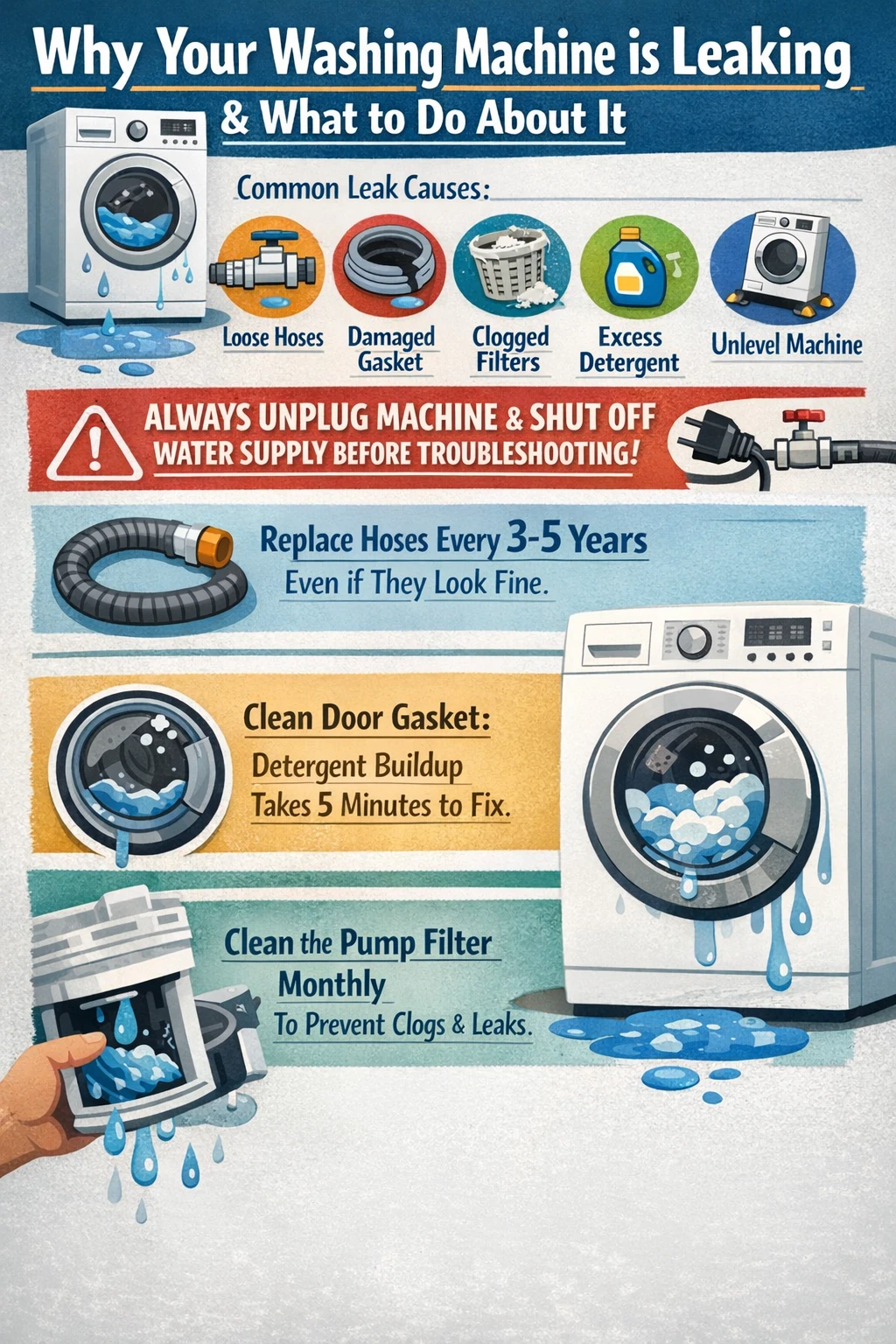 Common causes washing machine leaking infographic