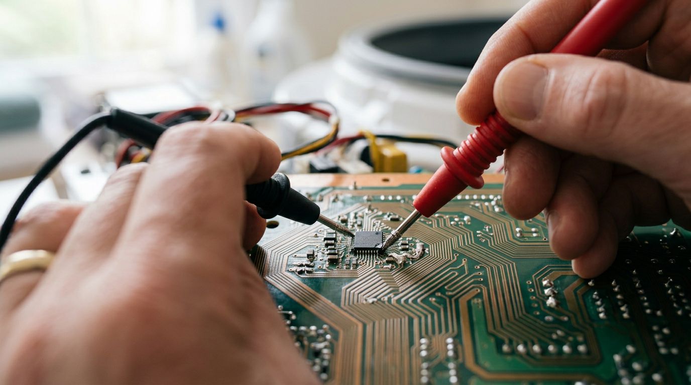 Professional appliance technician inspecting a washing machine