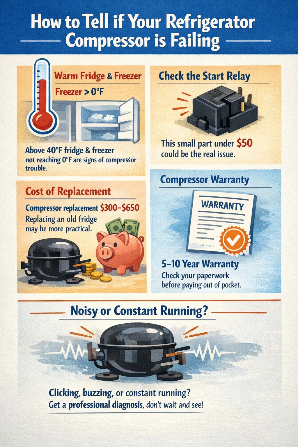 Signs refrigerator compressor failing key takeaways infographic
