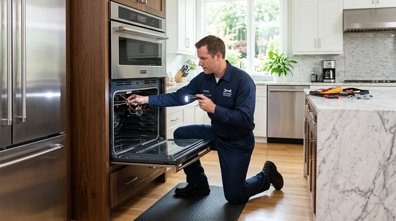 Appliance repair technician inspecting oven