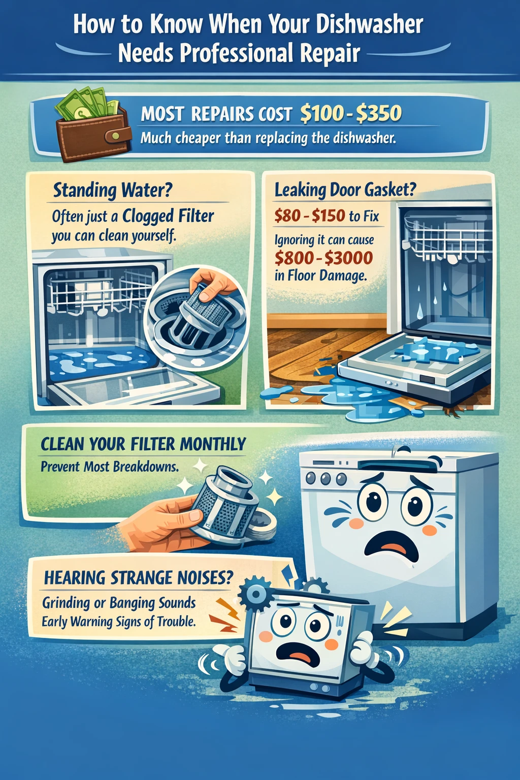 Common dishwasher repair signs infographic summary