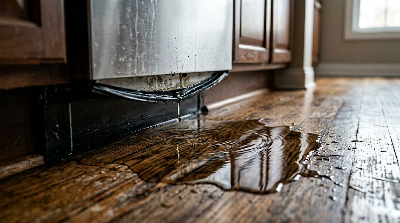 Leaking dishwasher water damage kitchen floor