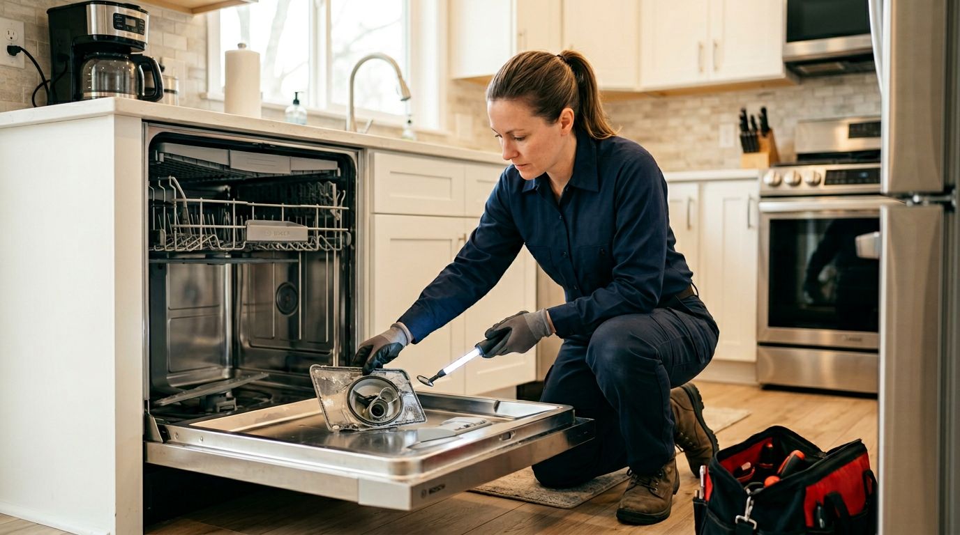 Professional appliance repair technician inspecting dishwasher